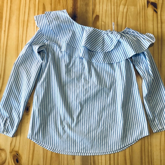 Calvin Klein Woman Swanky One-shoulder Ruffle Top Long Sleeves Blue/White Sz XS - Picture 4 of 8